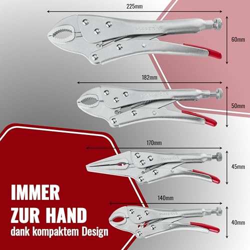 Poppstar Gripzangenset mit 3x Gripzange (225/182 / 140 mm) und 1x Langbeckzange (170 mm) inkl. Tasche