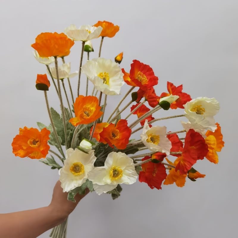 9Pcs Poppy Flowers Artificial,Poppy Silk Flowers with Stems,Ranunculus Artificial Flowers,Faux Flower Stems for Wedding Party Outdoor Indoor Decor Flower Arrangements for Table (Orange White) - Image 6