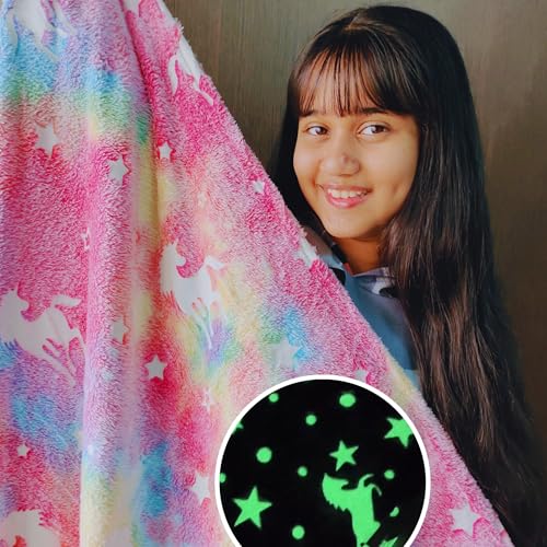 Image of Famyo Glow in the Dark Flannel Fleece Blanket Combo 200x152 cm | Rocket & Unicorn Pink, soft all-season double /queen bed blanket, warm cozy throw for kids & home