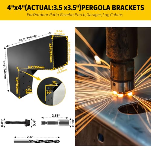 Image of 2-Way 15 Degree Angled Pergola Roof Brackets,L-Shaped Slant Post Brackets for 4 inch x 4 inch (Actual:3.5 inchx3.5 inch) Lumber,Heavy Duty DIY Wood Post Bracket for Pavilion,Porch,Deck with Screw(1pcs)
