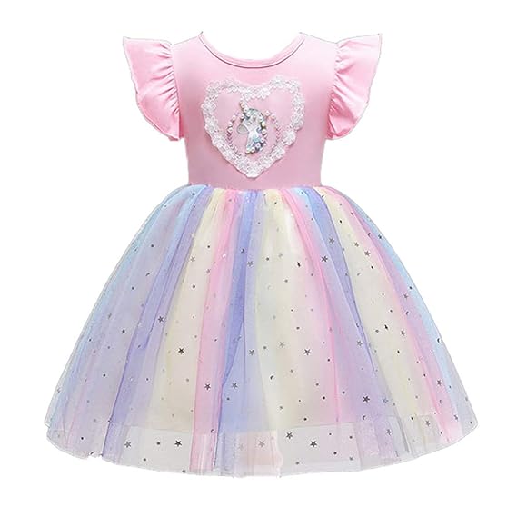 Hopscotch Girls Polyester Cotton Unicorn Applique Star Frill Party Dress in Pink Color