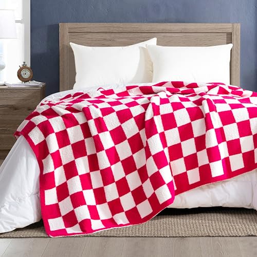 Image of Elegant Comfort Checkered Throw Blanket, Hot Pink Super Soft Cozy Fluffy Warm Throw Blankets for Couch, Sofa, Chair, Bed, Camping, Picnic, Travel Lightweight Bed Blanket (50 inch x 70 inch)