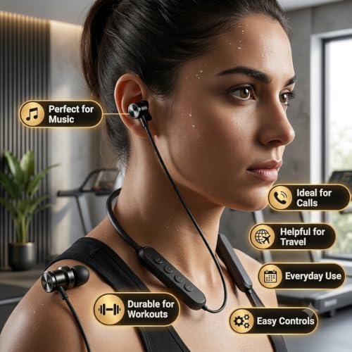 Image of Bluetooth Neckband Earphones with 105H Playtime, Wireless Bluetooth Headphones with ENC Noise Reduction, Built-in Equalizer Mode, Magnetic Earbuds, HD Calling Mic, Neckband Earphones - Black