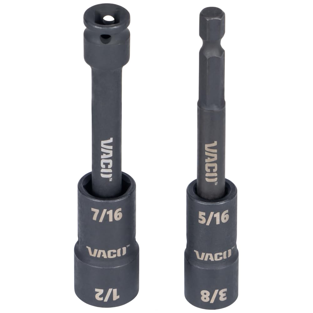 VACO VAC4100 10-częściowy zestaw nasadek udarowych 2 w 1, z etui, adapterem, przedłużeniem, grzechotką, 6 gniazd, 12 rozmiarów SAE do napędów 1/4 i 3/8 cala
