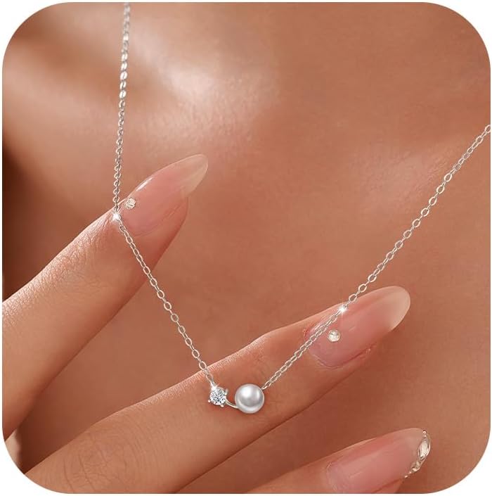 Curve Bar Necklaces for Women S925 Sterling Silver Cubic Zirconia Pearl Choker Necklace for Mother 14K Gold Plated Trendy Pearl Bar Pendant Necklace to Daughter Valentines Day Birthday Jewelry Gifts