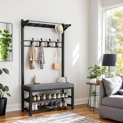 Rack de manteau en métal robuste avec banc de rangement intégré
