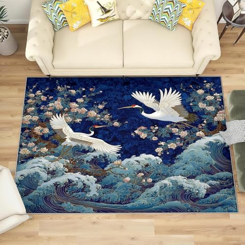 Genérico Alfombra Salon Pequeño 80x150 cm Flores Onduladas de Estilo JaponéS Antideslizante Alfombras Lavables en Lavadora Alfombra de Habitacion Azul Oscuro Modernas Decoración Tapete Pelo Corto