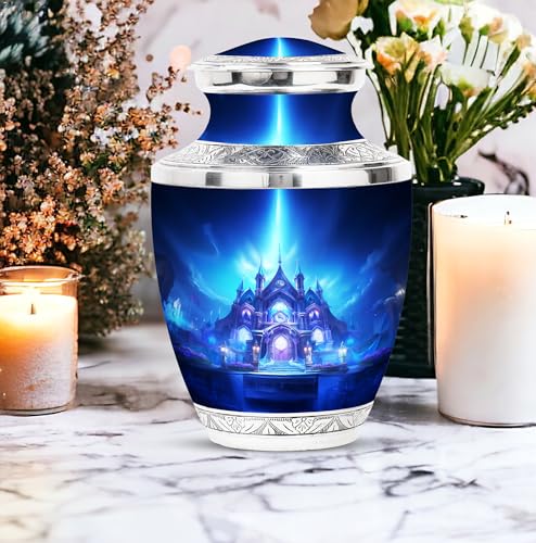 Image of Temple Burial Urns for Adult Human Ashes - Large Personalized Female Urns - Memorial Cremation Urn for Ashes Dad - Customized Funeral Urn for Ashes for Women - 10 Inch Large with Velvet Bag