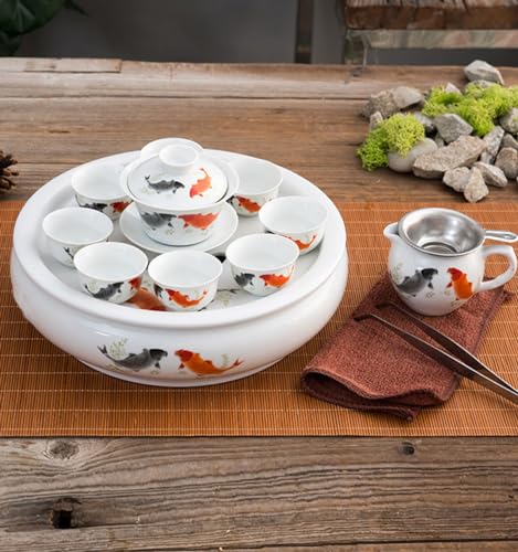 Image of Porcelain Tea Tray, Double-Layer Ceramic Tray Round for Tea Coffee Serving Table (Fish)