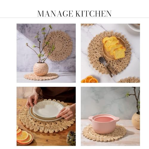 Image of Laquedecraft 15 inch Set of 8 Round Corn Husk Placemats | Boho Woven Rattan Table Mats | Farmhouse Wicker Spring Plate Chargers Like Water Hyacinth, Seagrass for Wedding, Party, Christmas, Events