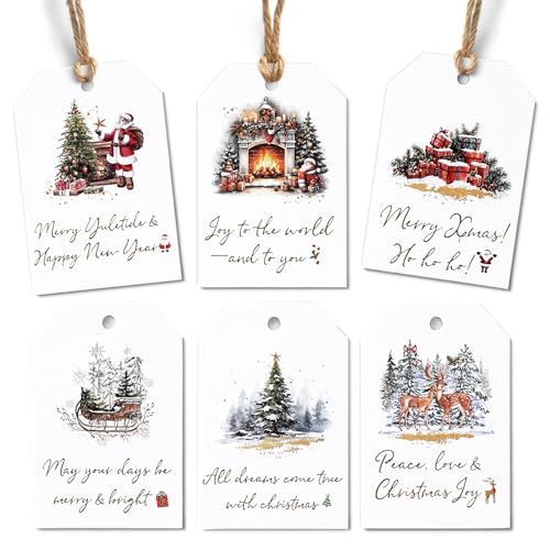 Vondafe 48 PCS Christmas Gift Tags, Watercolor-style Christmas Hanging Tags, 6 Gold Foil Theme, 2"x3" Holiday Cards with Holes Twine String & Gift Box, Xmas Tags for Personalizing Your Holiday