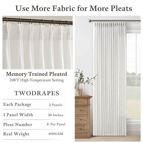Ivory Linen Curtains 72 Inches Long 2 Panels Set for Living Room Bedroom Pinch Pleated Back Tab Drapes Neutral Modern Farmhouse Semi Sheer 72 Inch Curtains for Dining Room Window Cabin Beige White by TWODRAPES - Image 6