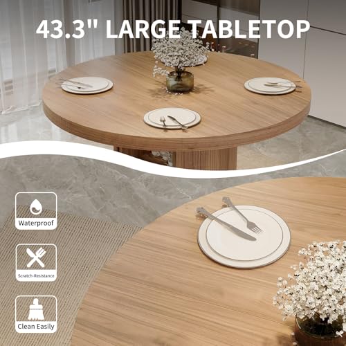 Image of HIPIHOM 43.3 inch Round Kitchen Table for 4-6 Modern Farmhouse with Storage Shelf, Waterproof Top for Small Space Dining, Office, Living Room (Walnut Color Table)