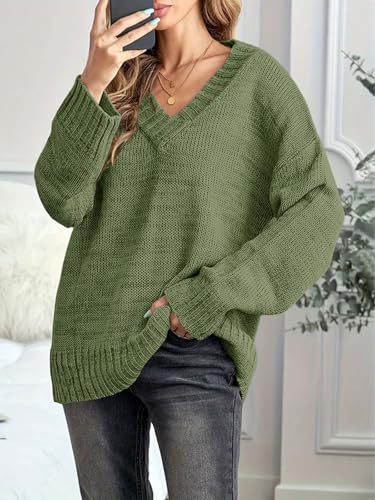 Image of Womens Loose Sweaters Sexy V Neck Long Sleeve Solid Knitted Jumper Pullover Sweatshirt Tops