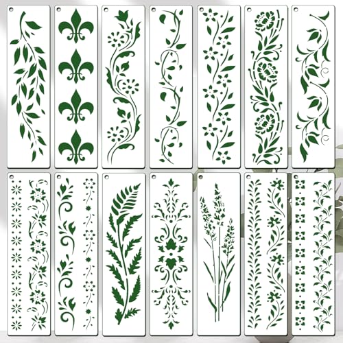 14 PCS Reusable Border Flower Stencils for Painting, Wood Wall & Crafts - Floral Vine Border Art with Edge Designs, Furniture & Wall Background Templates for Canvas, DIY Home Decor & Artistic Projects