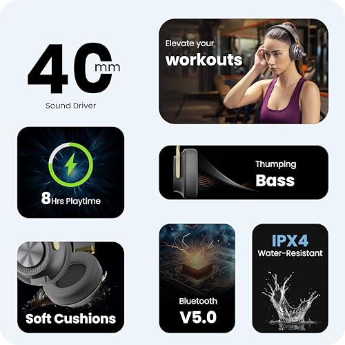 Image of HAMMER Bash 2.0 Over The Ear Wireless Bluetooth Headphones with Mic, Deep Bass, Foldable Headphones, Upto 8 Hours Playtime, Workout /Travel, Bluetooth 5.0 (Grey)