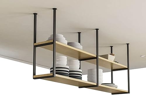 LUDIST Estante colgante de metal de hierro, estantes flotantes de madera, 2 niveles, estantes organizadores de almacenamiento de cocina, estante