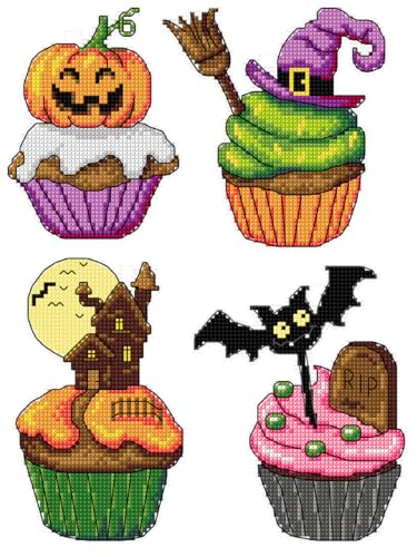 Image of Counted Cross Stitch Kit on Plastic Canvas with Halloween Cupcakes. 4 Delisious Ornaments Same Dimensions 175CS. 14 Count Plastic Canvas Sheets 8.27x11.02 inches. Great for Art & Craft Amateurs