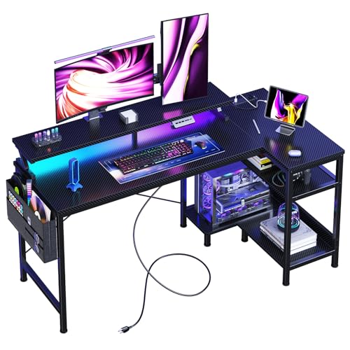 DUMOS Gaming Desk, Computer Desk with USB Charging Ports, Power Outlets, Type-C and LED Lights, Reversible L Shaped Desk with Storage Shelves & Monitor Stand for Office Gaming Room Black 48IN