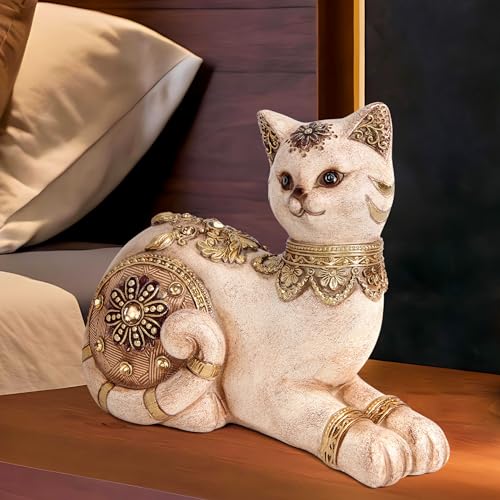 Estatua de gato decorativo en resina beige miniatura 6