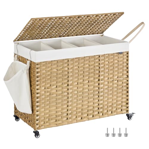 SONGMICS Laundry Hamper with Lid, 55.4 Gallons (210 L), Rolling Laundry Basket with Wheels, 4-Section Synthetic Rattan, Removable Liner, Bedroom, 33.9 x 15.7 x 26 Inches, Natural Color ULCB4