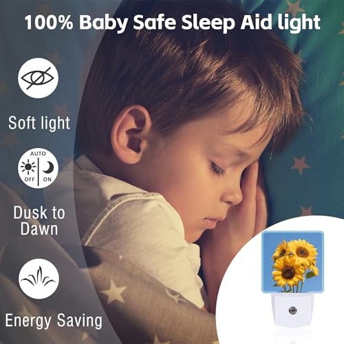Image of Blooming Sunflowers Night Light Plug into Wall, Summer Blue Sky Sunflower Dusk to Dawn Night Light,0.5w Energy Saving Sleep Friendly Nightlights for Kids Boys Girls Home