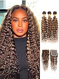 AUROO Honey Blonde Highlight Brazilian Deep Wave Human Hair Bundles with Closure (16 18 20 + 16), 12A Soft Thick Ombre Brown Curly 100% Human Hair Bundle with Free Part HD Transparent Lace 4x4 Closure