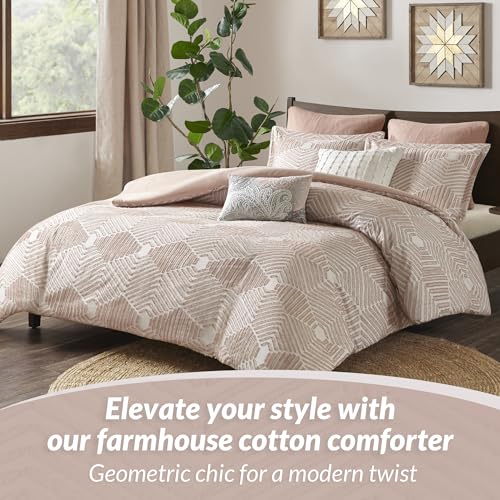 Image of Ink+Ivy Queen Comforter Set Geometric Cotton Comforters Farmhouse with Clipped Jacquard, All Season, Down Alternative Lightweight & Fluffy Bedding, Matching Shams, Ellipse, Full /Queen, Blush 3 Piece