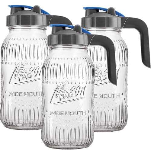 64 oz Mason Jar Sun Tea Pitchers with Airtihgt Flip Cap Pour Spout Lids - 3 Pack 2 Quart Half Gallon Glass Pitchers for Breast Milk, Sun Tea, Iced Tea, Cold Brew Coffee, Leak Proof