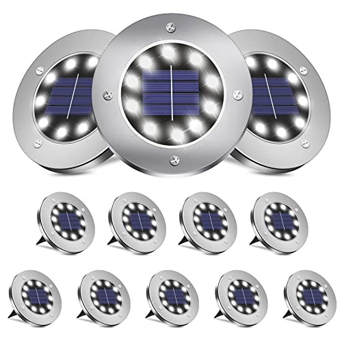 BROOM Solar Ground Lights （12 Packs）, Solar Lights Outdoor Bright 10 LED Disk Lights Garden Waterproof Patio In-Ground Lights for Lawn, Pathway, Yard, Driveway, Step and Walkway (Cold White)