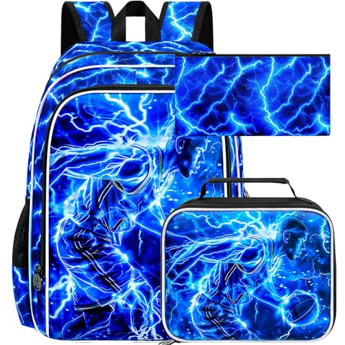 Image of 17 inch Basketball Backpack for Boy, 3Pcs Lightning Bookbag for Elementary Preschool Kindergarten, Kids School Backpacks with Lunch Box (Blue)