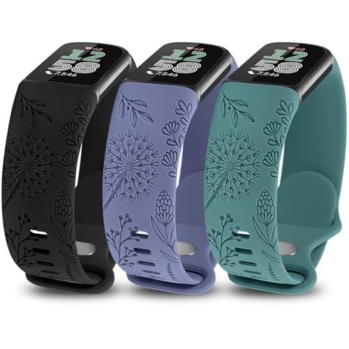 TOYOUTHS 3 Stück Löwenzahn Floral Gravierte Armband Kompatibel mit Fitbit Charge 6/Charge 5 Armband Damen, Blume Cute We...