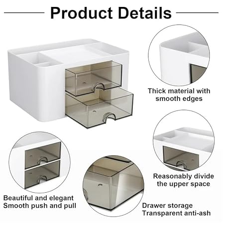 Shuttle Art Desk Organizer with 2 Drawers | Multi-Functional Stationery Holder for Office, Study Table, Home | 5 Compartment Pen, Pencil, Marker Storage Box for School & Art Supplies (White) - Image 2