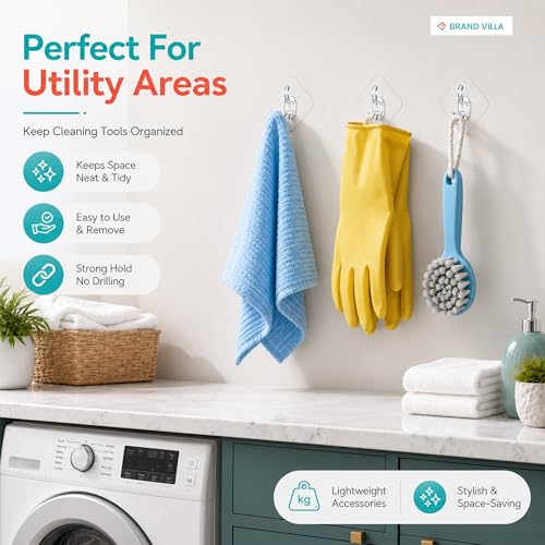 Image of BRAND VILLA Self Adhesive Wall Hooks Pack of 20 | Heavy Duty Transparent Waterproof No Drill Sticky Hooks for Bathroom Kitchen Home | Utility Hooks for Towels Keys Clothes Bags Robes