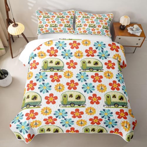Erosebridal Camping Queen Men's Quilt Set Lightweight,Modern Quilted Blanket Retro 60S 70S Groovy Flower Peace Sign Camper Car Bedspread Coverlet with Shams,Breathable Quilted Bedding for Boys Dorm