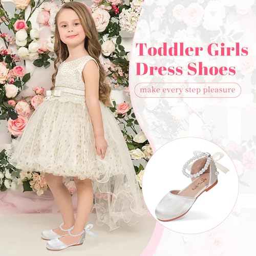 Toddler Girls Dress Shoes Flower Girl Satin Mary Jane Ballet Flats Pearls Strap Bowknot Wedding Communion Princess Shoes2