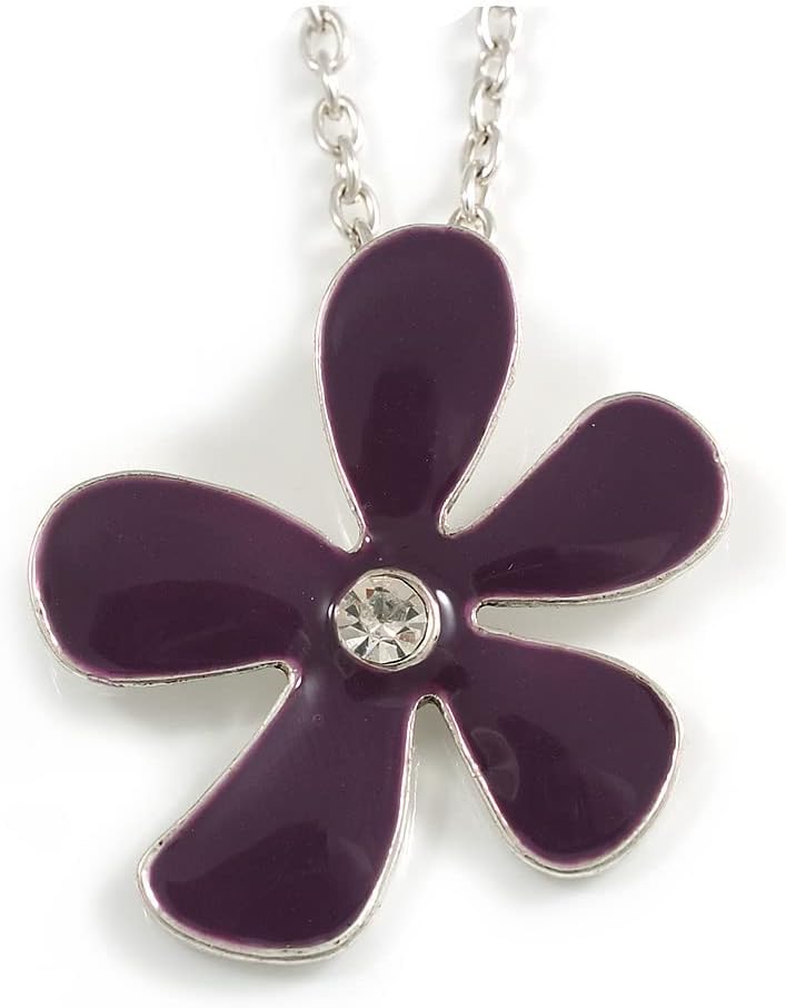 Purple Enamel Flower Pendant With Silver Tone Oval Link Chain - 40cm Length/ 7cm Extension