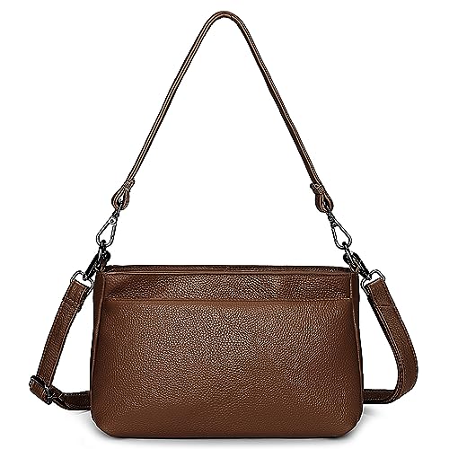 YALUXE Women's Real Leather Shoulder Bag Medium Size Handbag Purse with Multi Zip Pockets