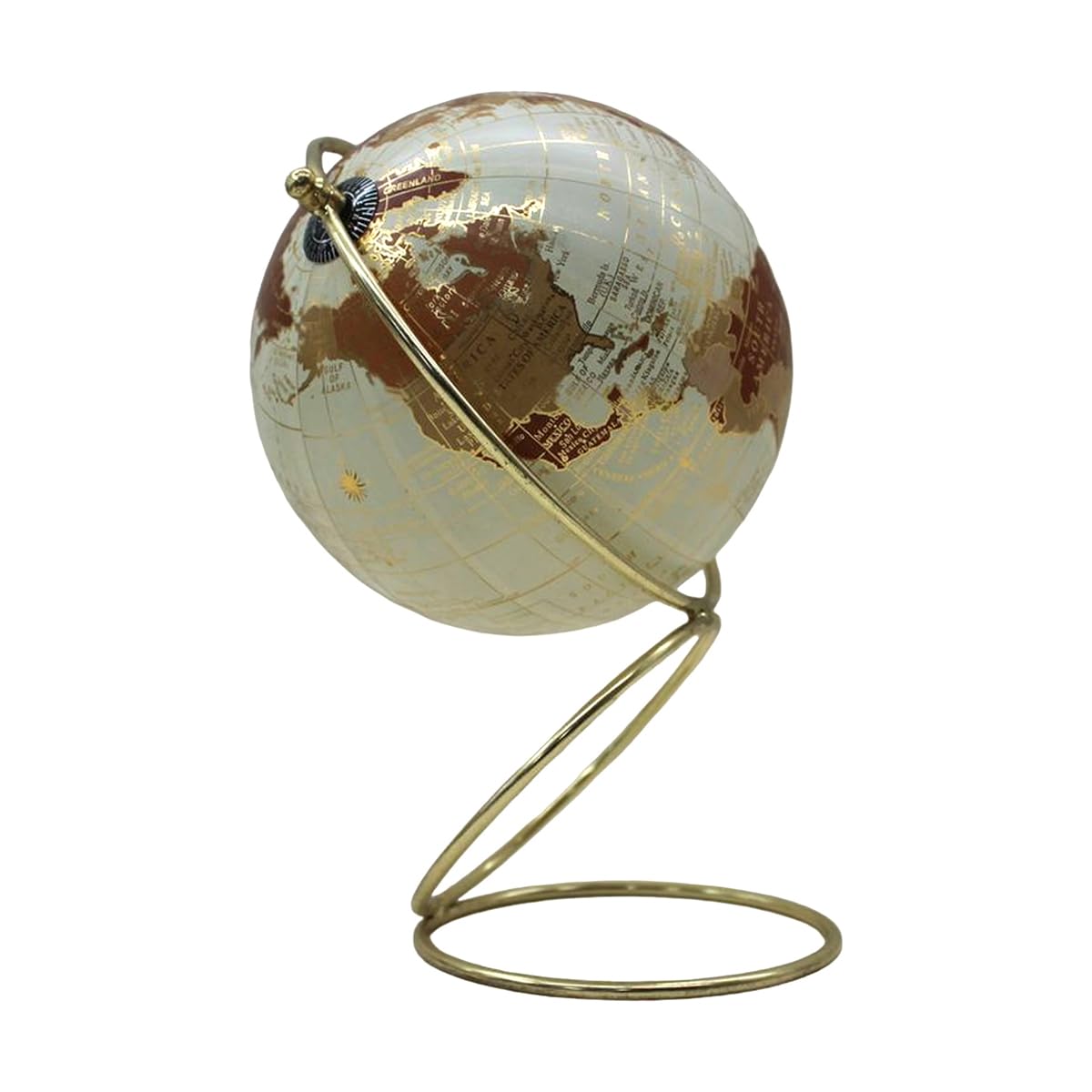 Elegante mappamondo in PVC e metallo, finitura lucida di qualità, base di design dorato, diametro 21 cm