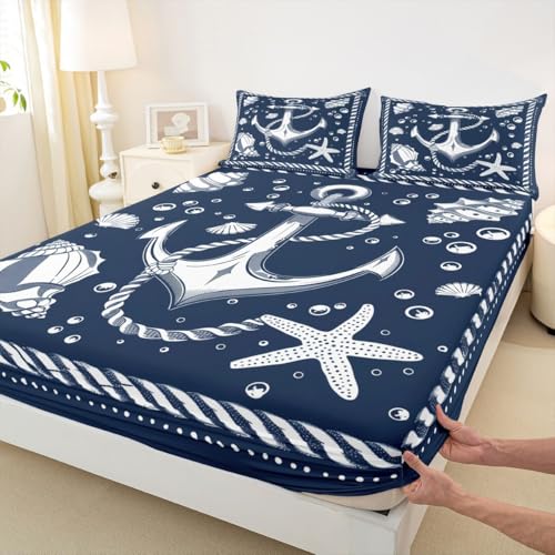 Image of jejeloiu Nautical Theme Bed Sheets Sets Full Size Kids Boys Girls Compass Anchor Decor Bedding Set Ocean Shells Starfish Bed Sheet Set with 16-Inch Deep Pockets 4Pcs with 2 Pillow Cases