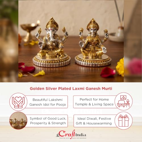 Image of eCraftIndia Golden Silver Plated Metal Laxmi Ganesh Murti for Diwali Pooja | Lakshmi Ganesh Idol | Diwali Decoration Items for Home Decor.