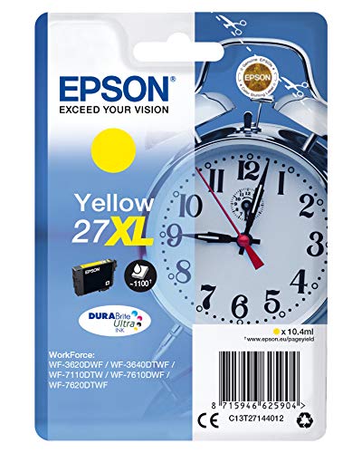 Epson 27XL Réveil Jaune, Cartouche d'encre d'origine XL Haute capacité, WF-3620DWF WF-3640DTWF WF-7110DTW WF-7210DTW WF-7710DWF WF-7715DWF WF-7720DTWF WF-7610DWF WF-7620DTWF