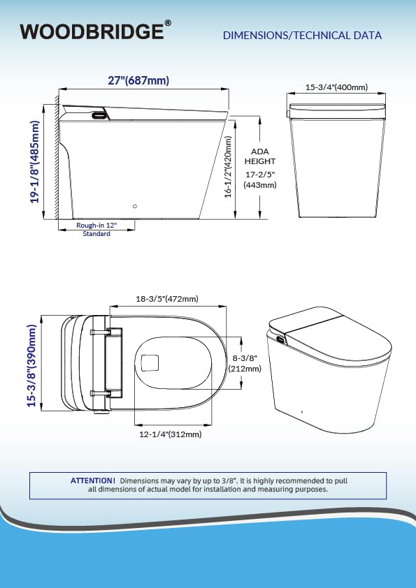 Image of WOODBRIDGE Bidet Smart Toilet with Ultra-quiet&Quick Flush,1000g MaP Flush Score,Foam Shield,ADA Comfort Height,Auto Open /Close,Blackout Flush,Ambient Light,Heated Seat with Fragrance System,GT076