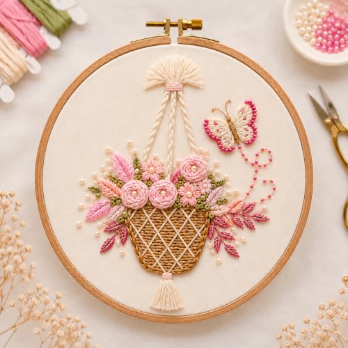 Image of ShagunSaaj Flower 3D Floral Bloom Basket Embroidery DIY Kit for Beginners to Advanced | Hand Embroidery with All Stitching Materials | Perfect Art & Craft Gift Set, Stitching Kit for Adults and Fashion Designing Learners