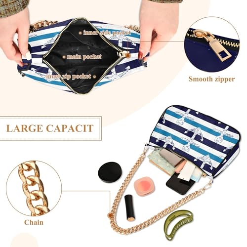Nautical Navy Anchors Blue Stripes One Shoulder Purses for Women Classic Purse Hobo Totes Vintage Clutch Handbag Zipper Closure4