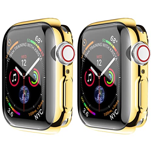 HANKN 2 Pack Screen Protector Case for Apple Watch Series 6 5 4 Se 44mm, Soft TPU Full Coverage Front Protective Shockproof iWatch Bumper Cover (Gold+Gold, 44mm)