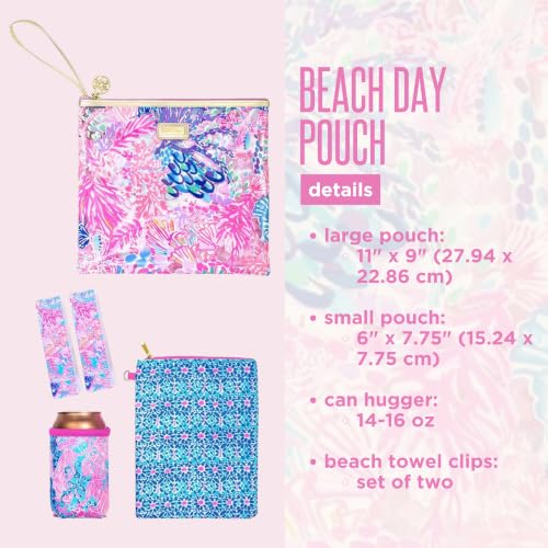 Image of Lilly Pulitzer Water Resistant Vinyl Beach Day Pouch, Zipper Bag Includes Drink Hugger, Small Pouch, and Towel Clips, Splendor in the Sand, Large, Beachy