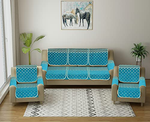 Image of Premium 5 Seater Printed Sofa Cover Set 3,1,1 Seater 10 Pieces Sofa Back Slip Panels, Protector for Single Seater (Sky Blue, 16pcs + coushions)