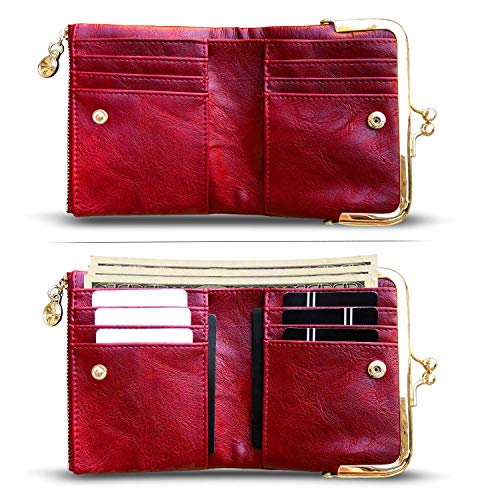 Image of AOXONEL Womens Wallet Small Rfid Ladies Compact Bifold Leather Vintage Coin Purse With Zipper and Kiss Lock (Red)