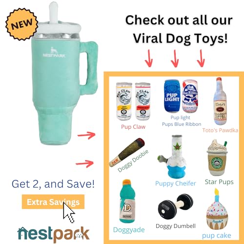 Nestpark Tumbler Cup Funny Dog Toy – Parody Plush Squeaky Crinkle Dog Toy (Seafoam Green)